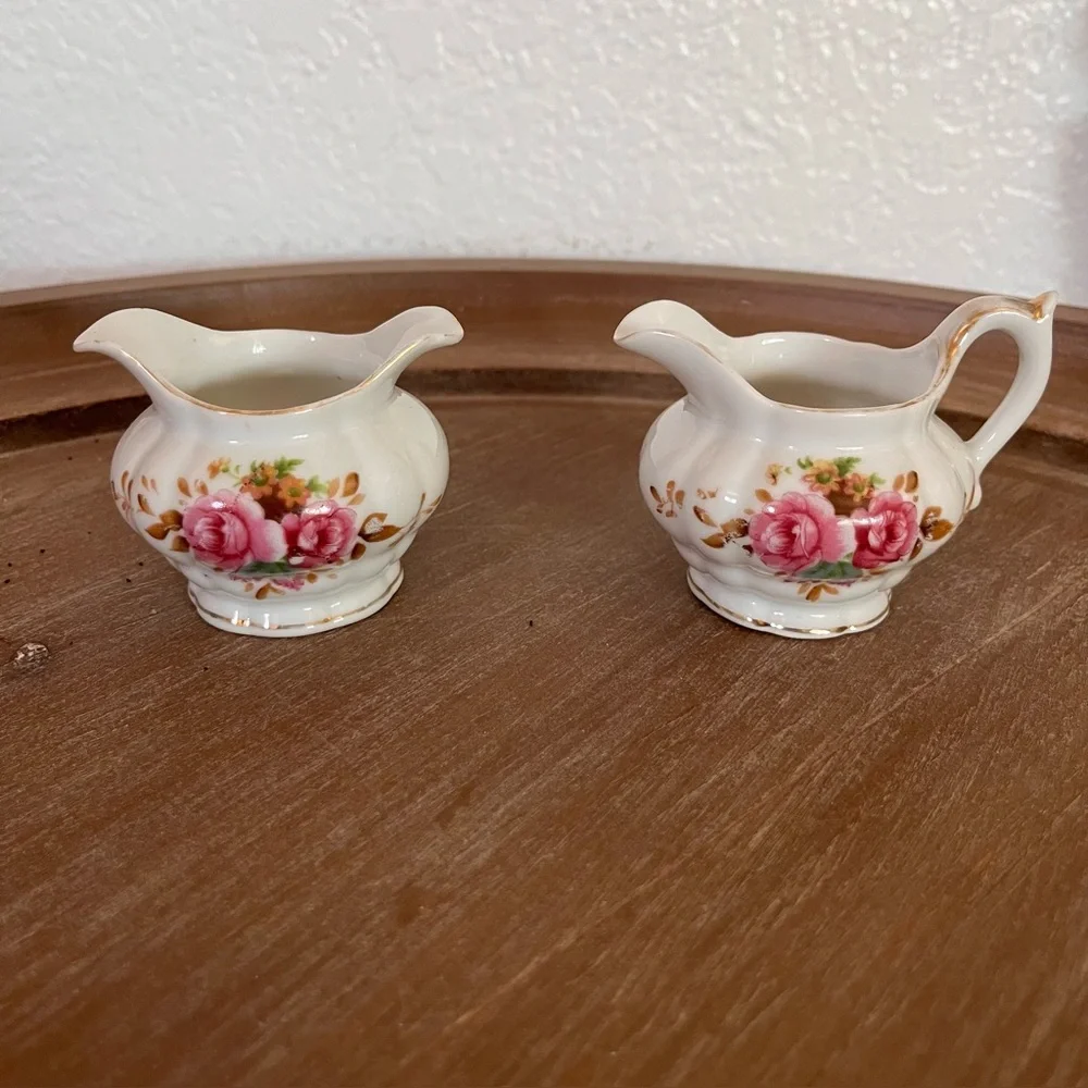 Individual Floral Cream and Sugar Set with Pink Roses Saji Japan Fancy China